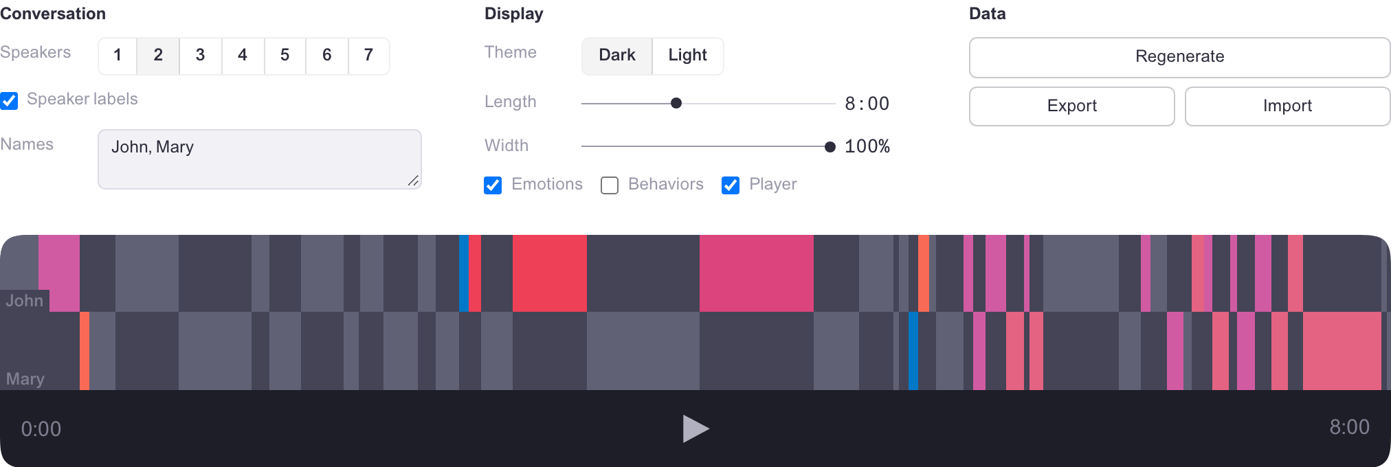 Velma Conversation Fingerprint playground: conversation, display and data controls above a generated two-speaker fingerprint