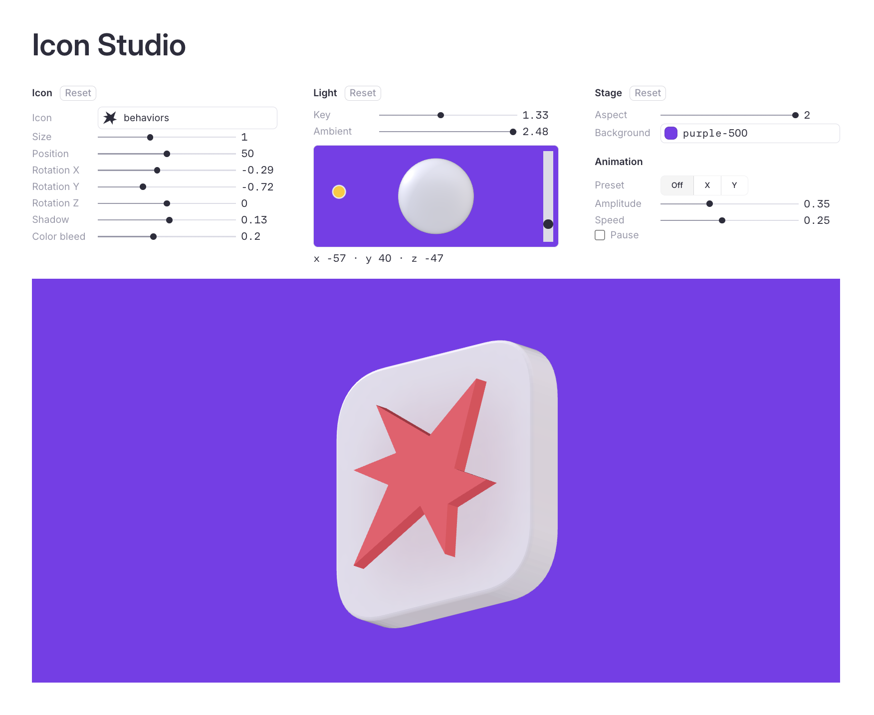 Icon Studio: the behaviors icon on a purple stage, with icon, light and stage controls above