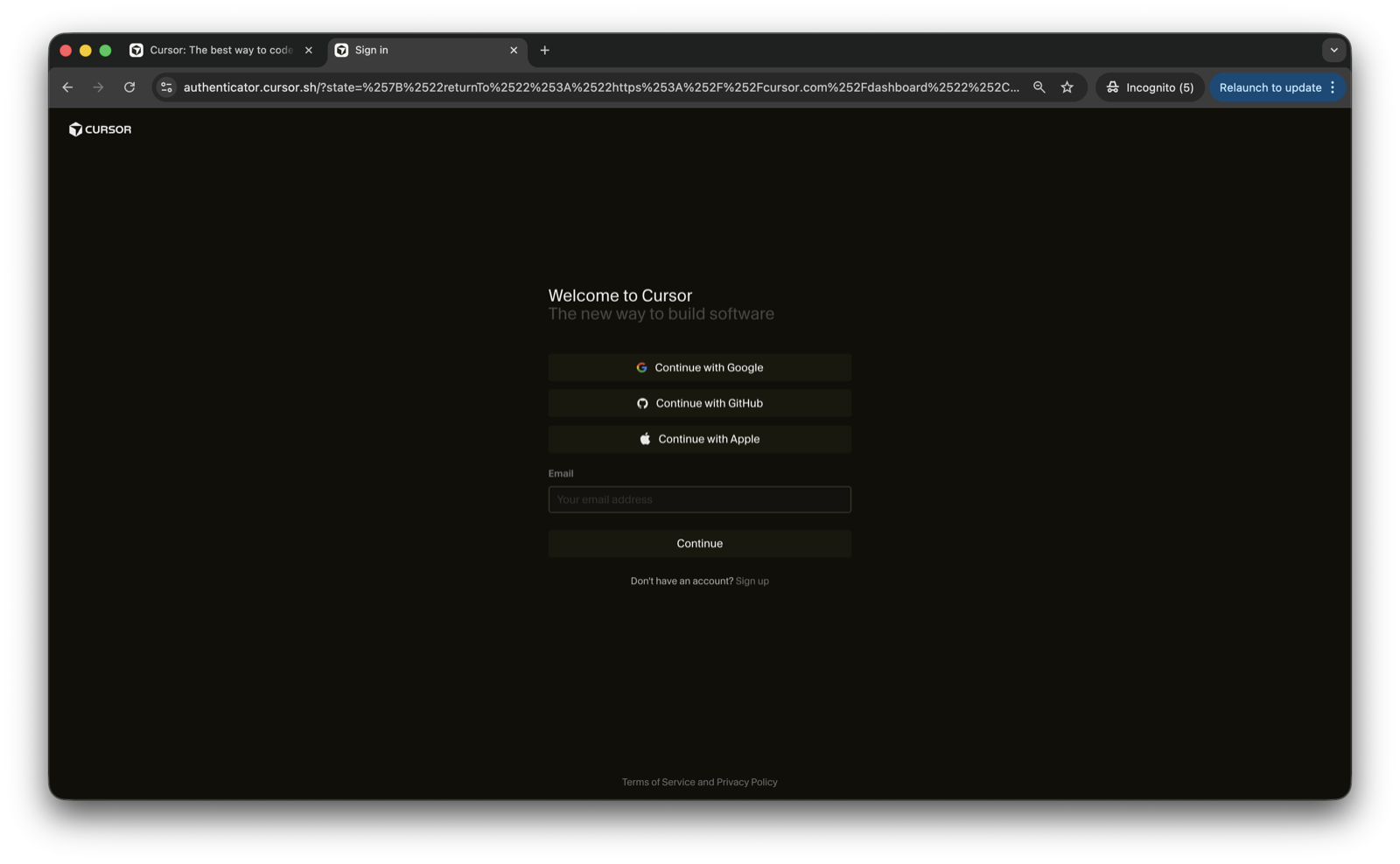Cursor sign-in: a single centered form
