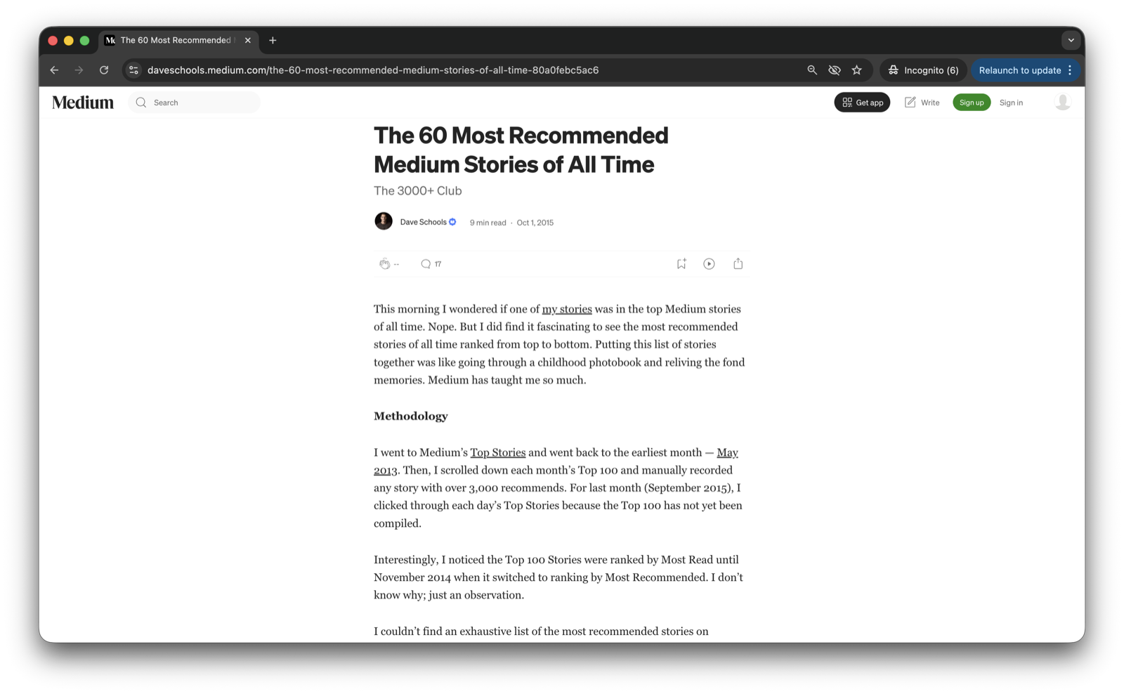 A Medium article: content flows along a single vertical column